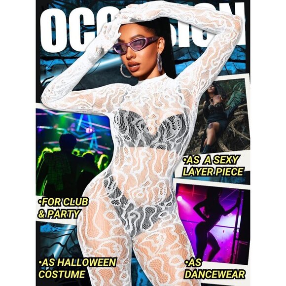 🆕Women White Sexy Fishnet Full Mesh Jumpsuit Body Stockings Halloween Costume - Picture 6 of 7